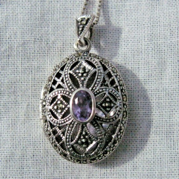 Jewelry - Sterling Silver Amethyst & Marcasite Locket Necklace